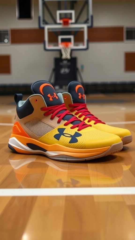 Under Armour Curry 2 basketball shoes in vibrant colors on a basketball court.